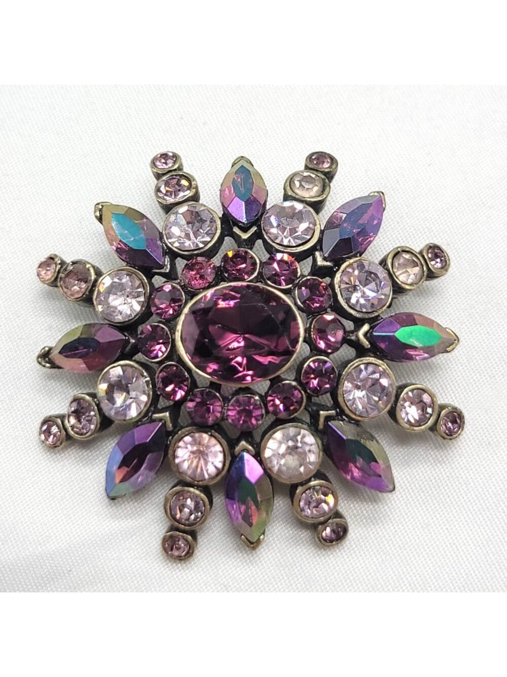 Vtg Purple Rhinestone Starburst Brooch Pin Signed Craft 1.75" Antiqued-Gold Tone